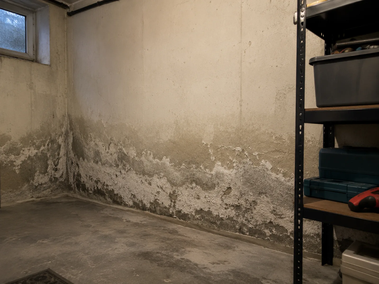 Vochtige kelderwand met vochtschade