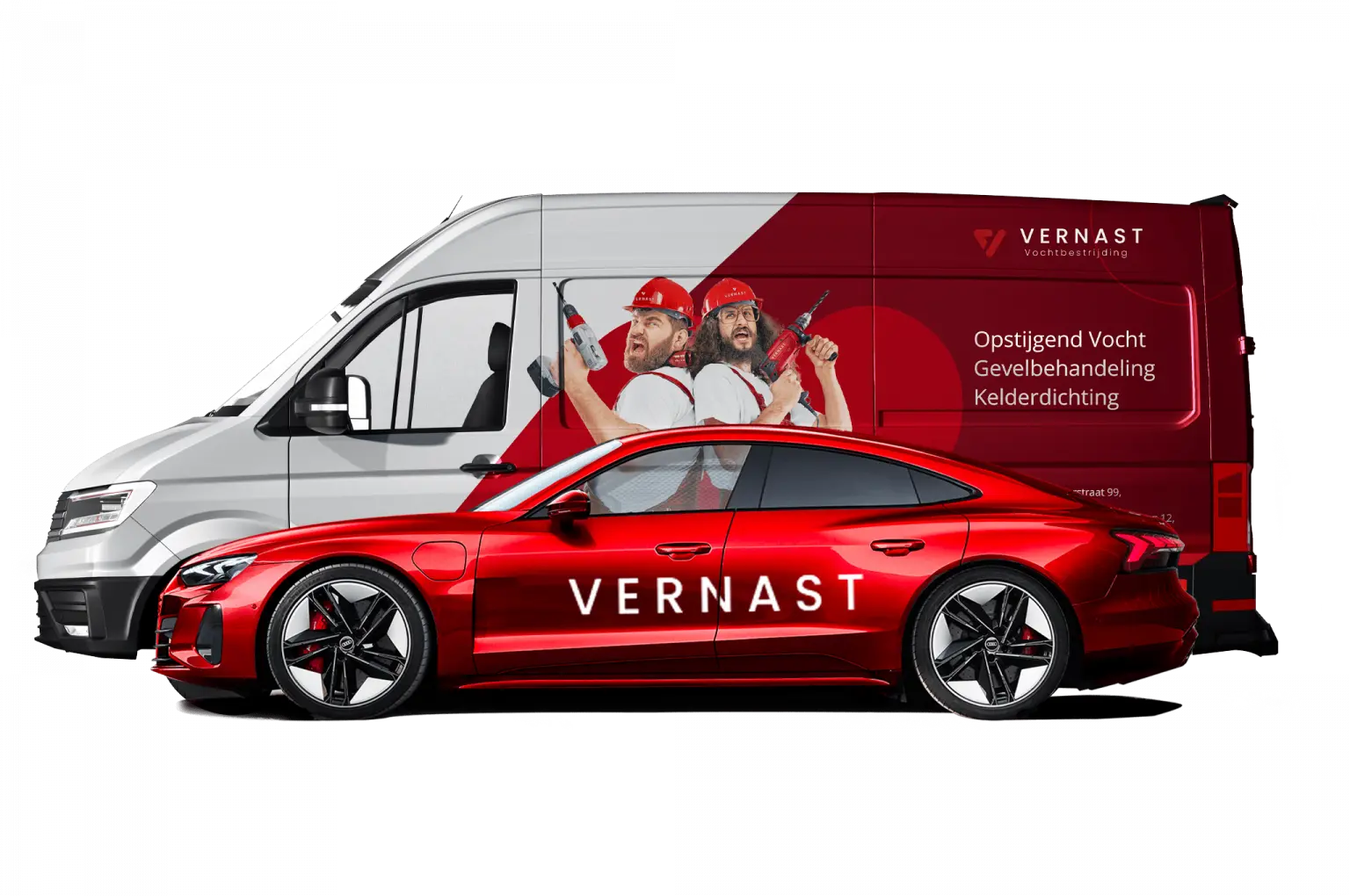 Vernast-bestelwagen en rode bedrijfswagen met Vernast-belettering